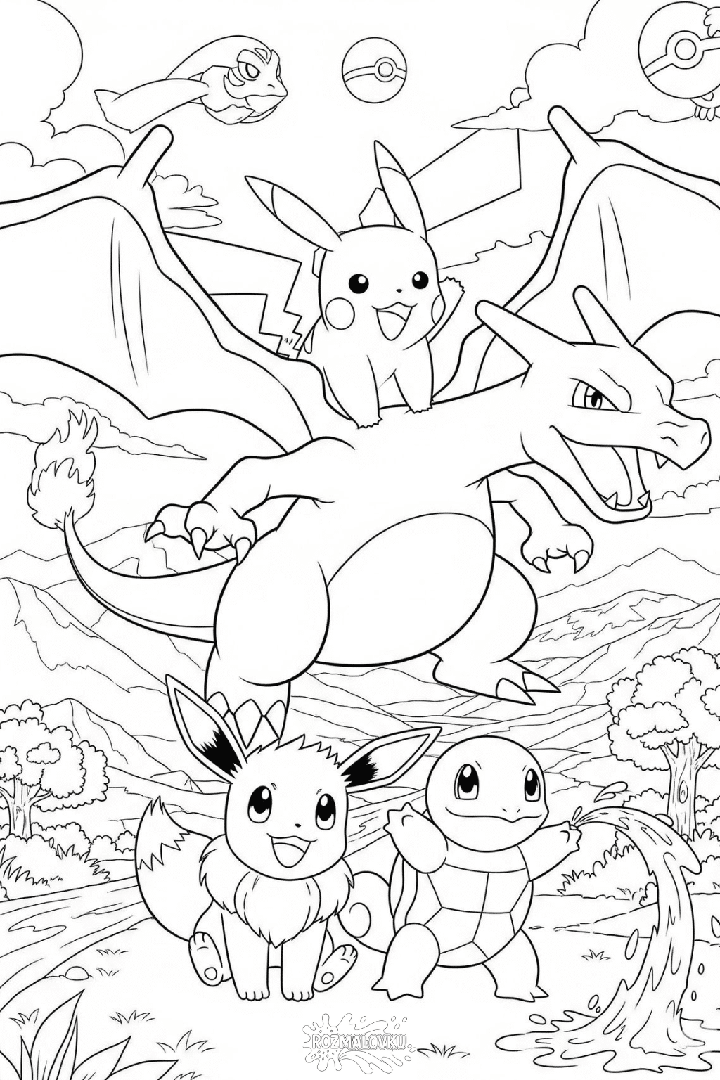 Скачати безкоштовну розмальовка покемони пікачу, чарізард, іві та сквіртл в форматі А4 для друку Розмальовка покемони Пікачу, Чарізард, Іві та Сквіртл скачати та роздрукувати в форматі А4