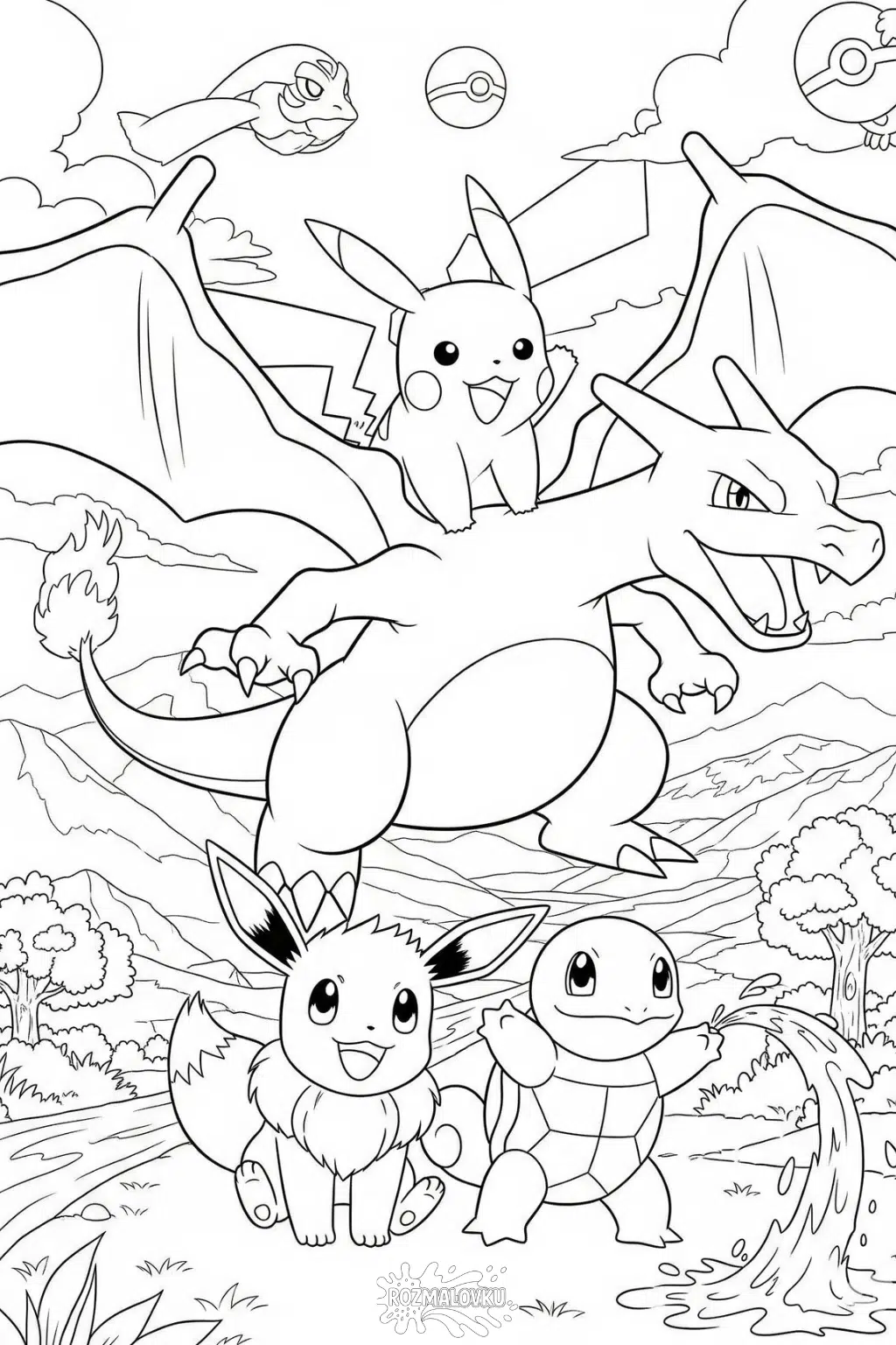 Розмальовка покемони Пікачу, Чарізард, Іві та Сквіртл скачати та роздрукувати в форматі А4