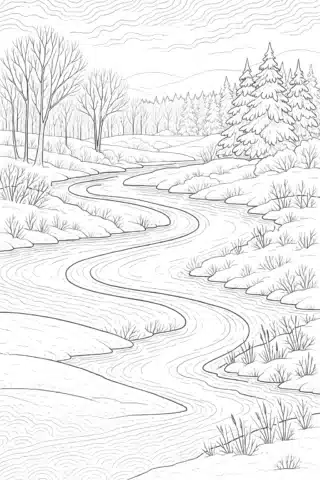 Зимова розмальовка «Тихий зимовий пейзаж із річкою» скачати та роздрукувати в форматі А4