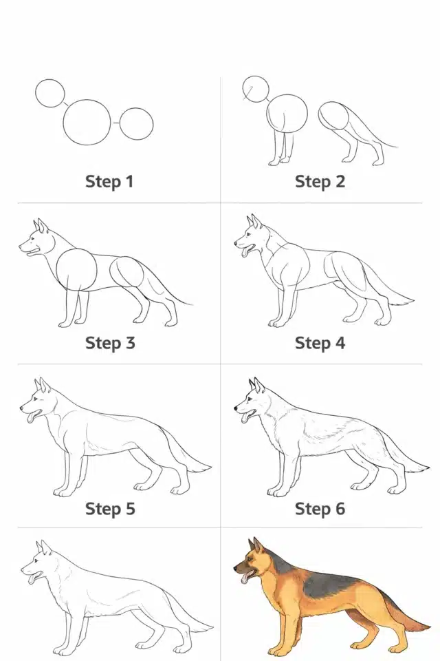 як намалювати німецьку вівчарку крок за кроком – побудова з кіл і ліній