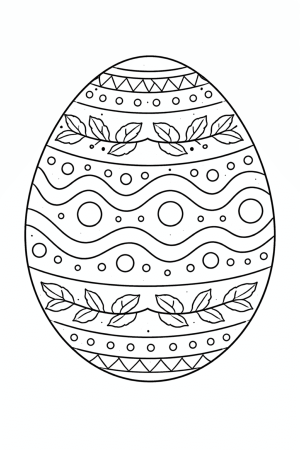 Великодня розмальовка «Писанка з хвилястим орнаментом і гілочками листя» скачати та роздрукувати в форматі А4