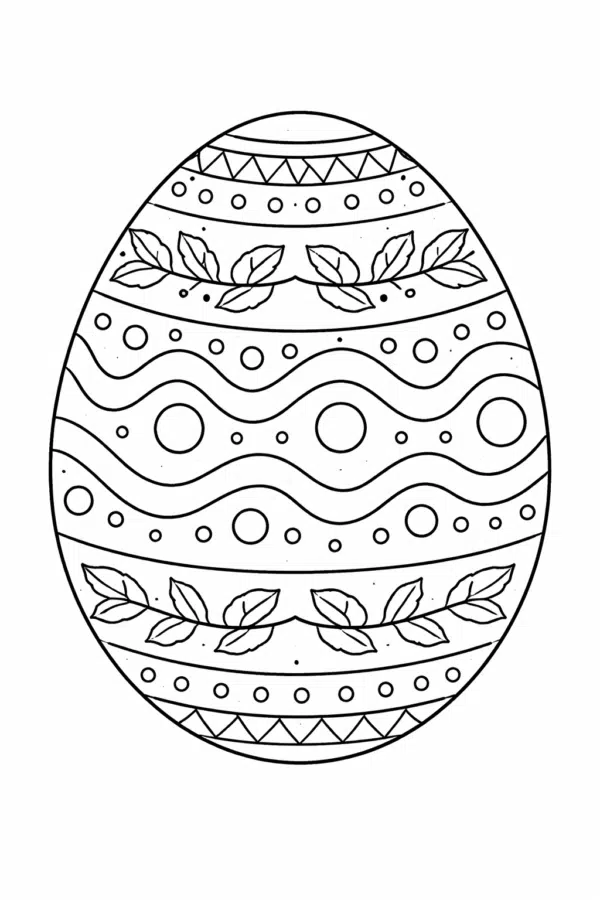 Великодня розмальовка «Писанка з хвилястим орнаментом і гілочками листя» скачати та роздрукувати в форматі А4
