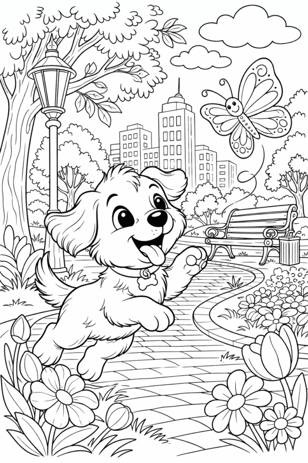 Весняна розмальовка з песиком у парку та метеликом