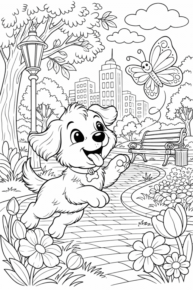 Весняна розмальовка з песиком у парку та метеликом