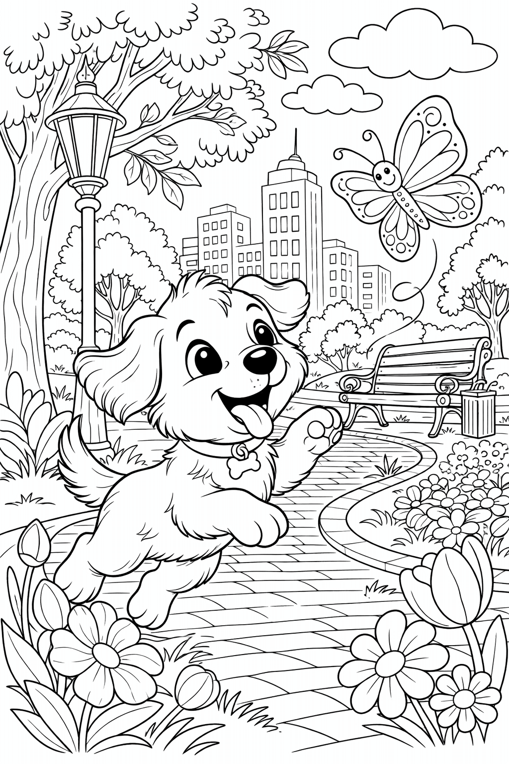 Весняна розмальовка з песиком у парку та метеликом