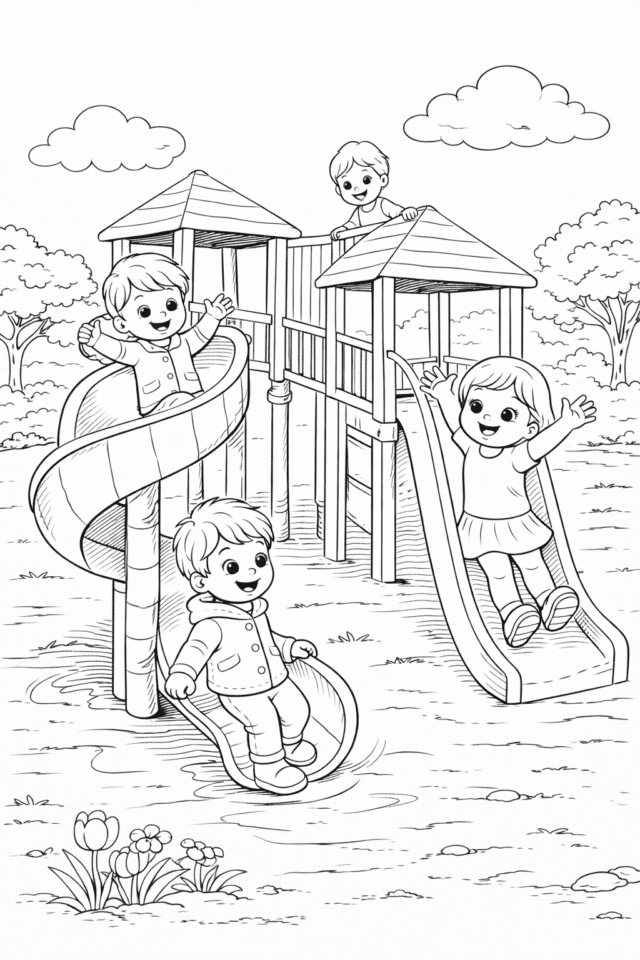 Розмальовка весна з дітьми на дитячому майданчику