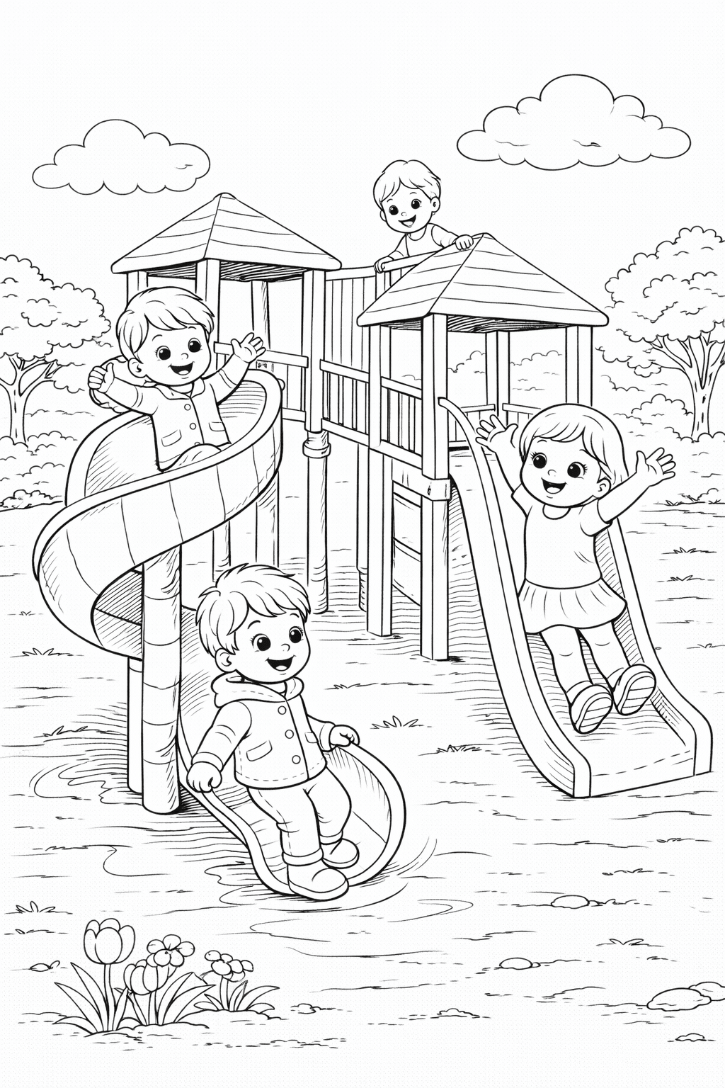 Розмальовка весна з дітьми на дитячому майданчику