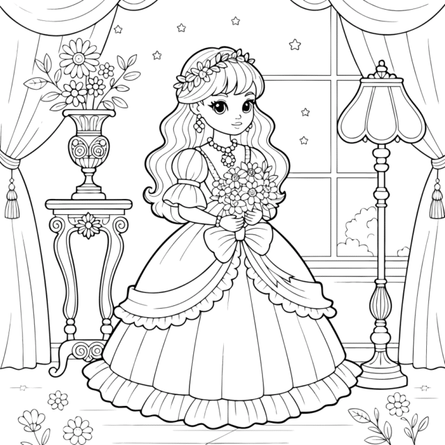 онлайн розмальовка принцеса в сукні з короною для дітей