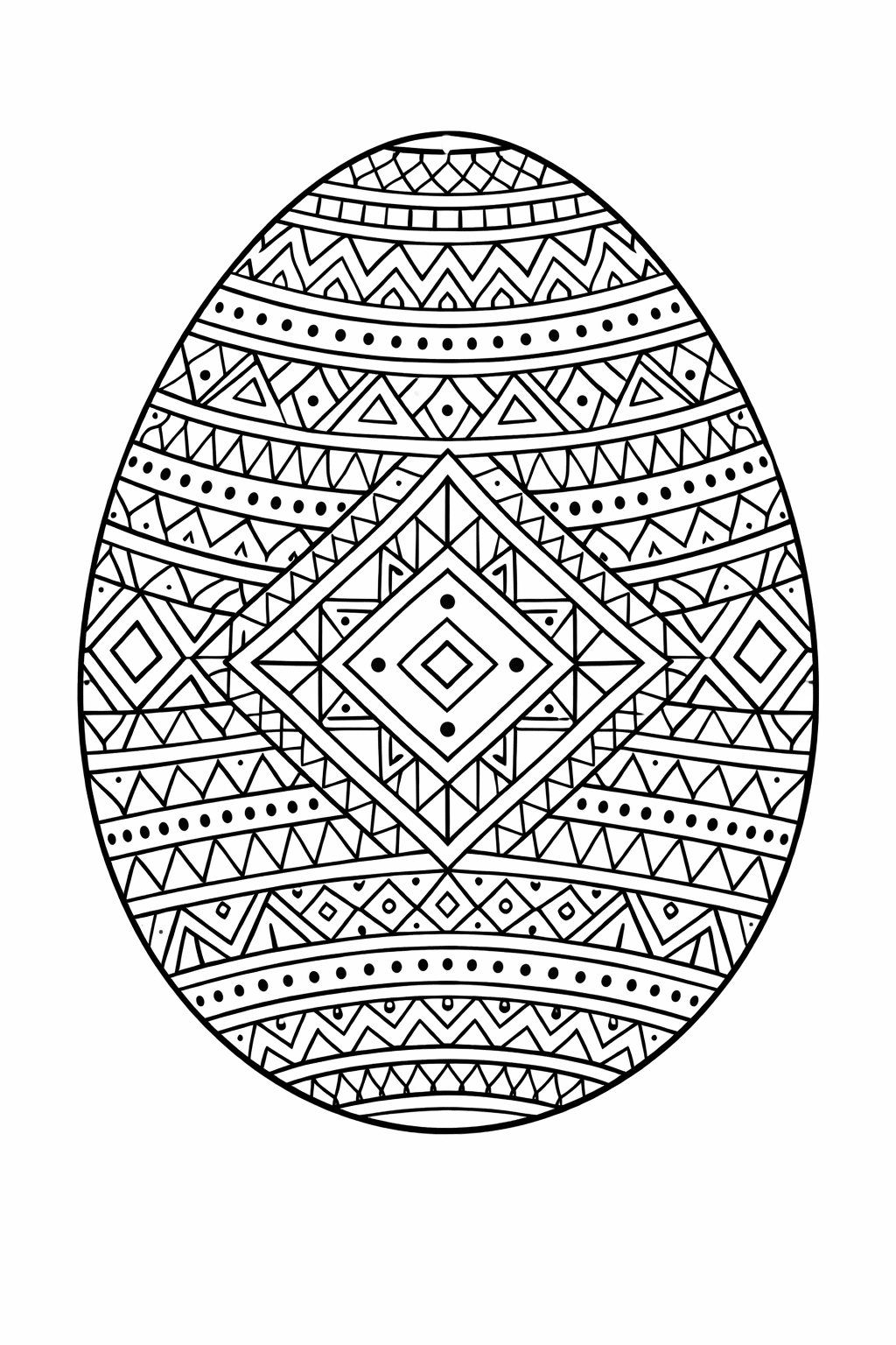 Великодня розмальовка «Геометрична писанка з ромбами та орнаментом» скачати та роздрукувати в форматі А4 Великодня розмальовка «Геометрична писанка з ромбами та орнаментом» скачати та роздрукувати в форматі А4