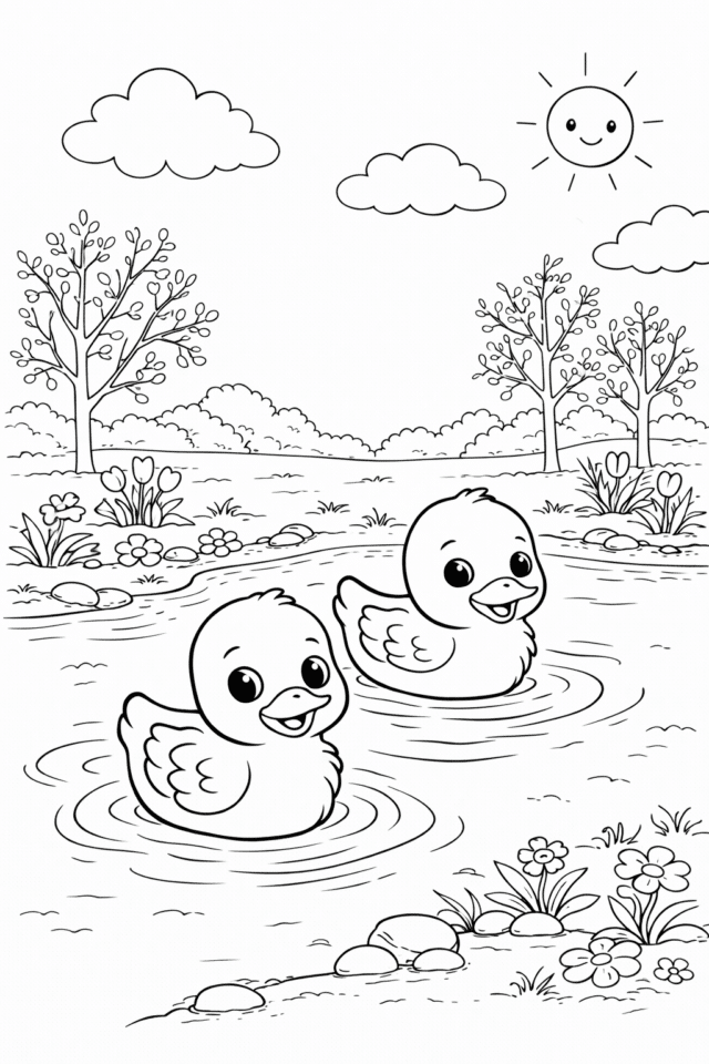 Розмальовка весна з каченятами на ставку