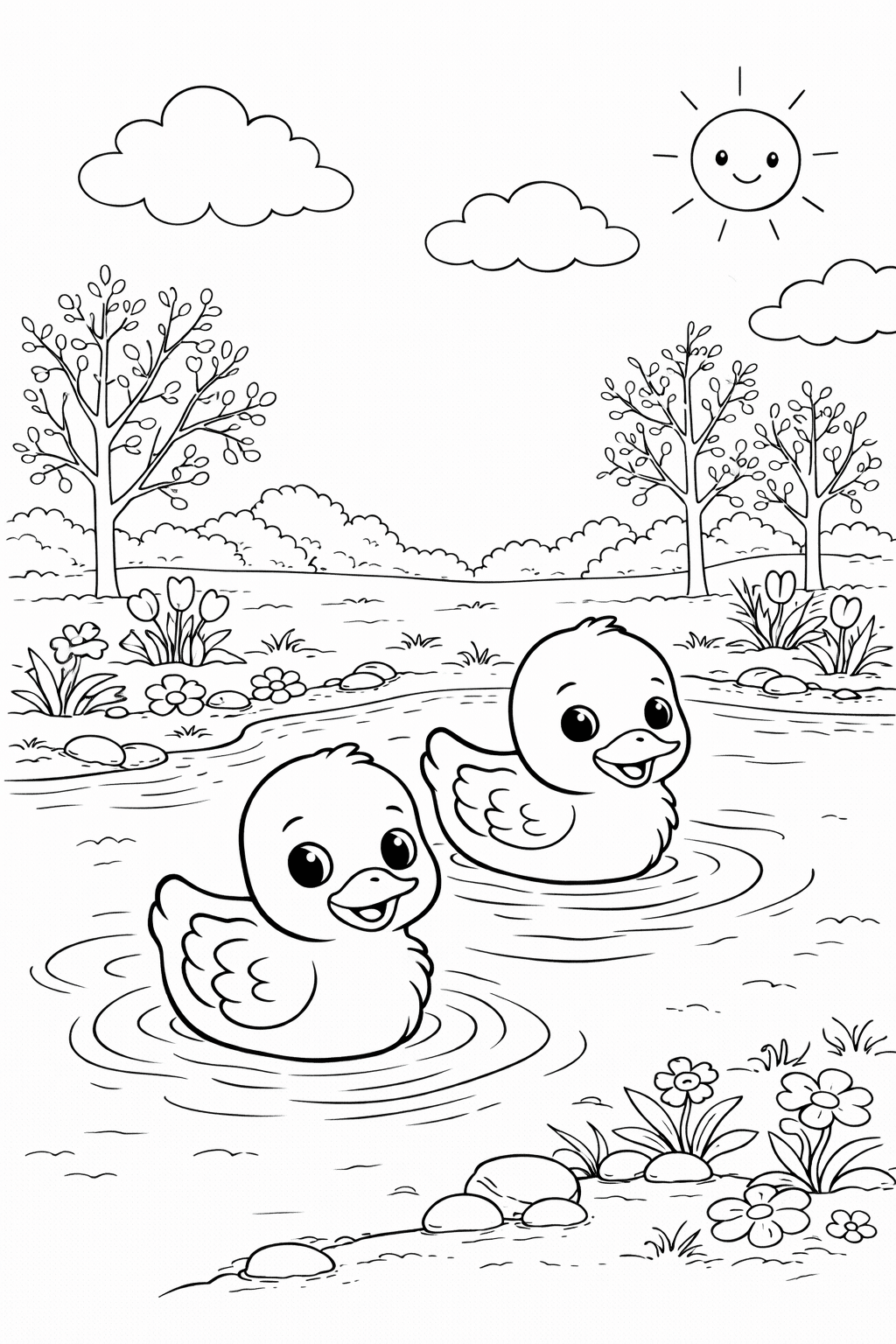 Розмальовка весна з каченятами на ставку