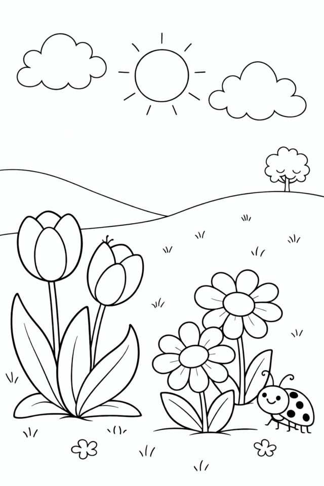 Весняна розмальовка з тюльпанами, ромашками та сонечком