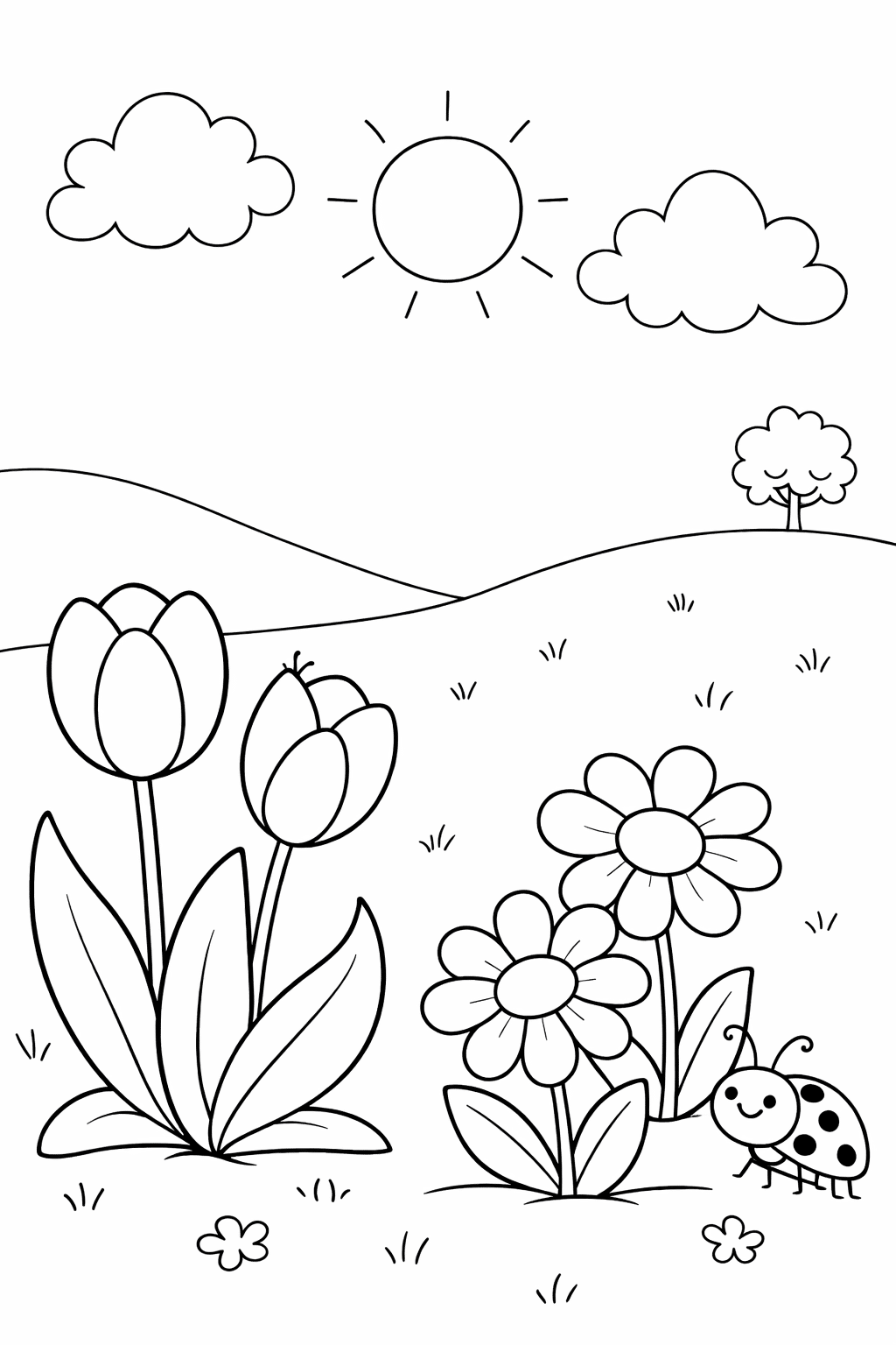 Весняна розмальовка з тюльпанами, ромашками та сонечком