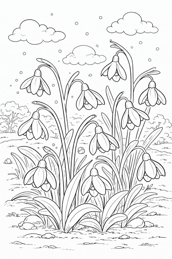 Розмальовка весна з квітами підсніжники на галявині
