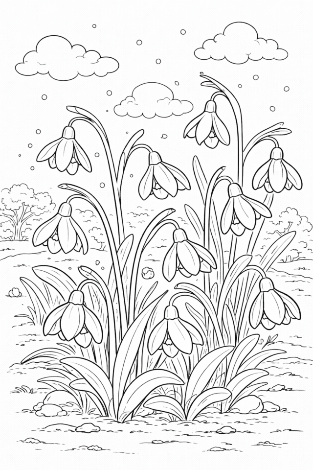 Розмальовка весна з квітами підсніжники на галявині