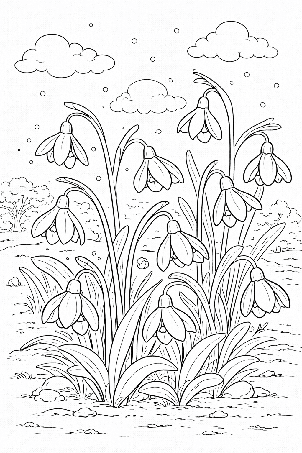 Розмальовка весна — ніжні підсніжники Розмальовка весна з квітами підсніжники на галявині