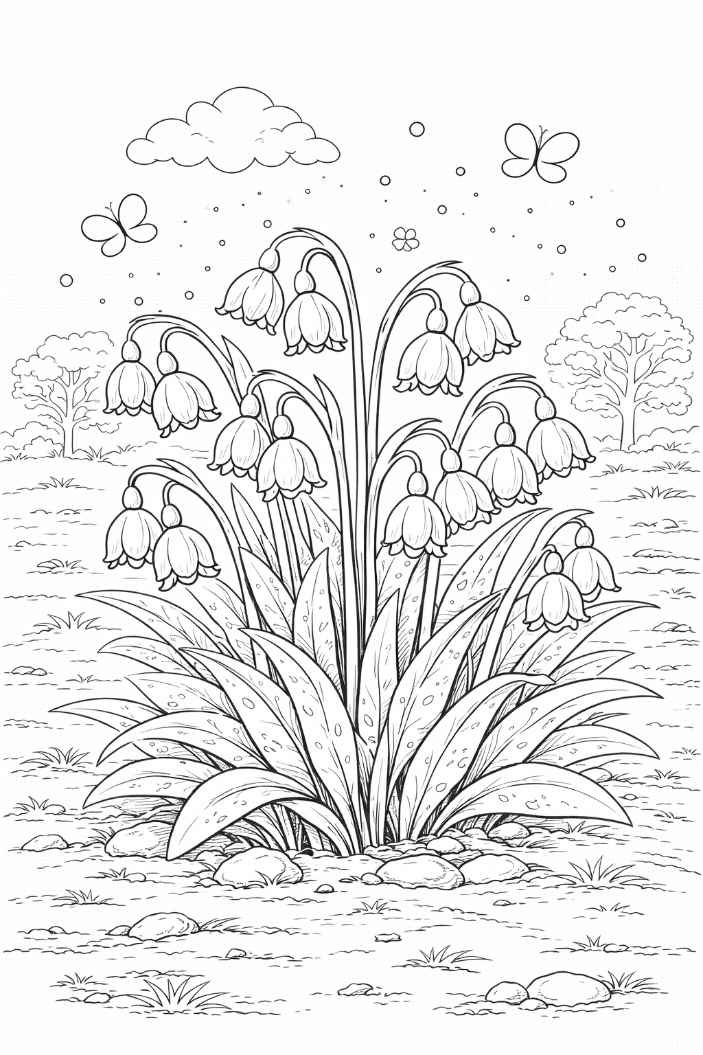 Розмальовка весна — білоцвіт весняний на галявині Розмальовка весна білоцвіт весняний із ніжними квітами