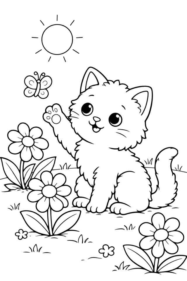 Весняна розмальовка з кошеням, метеликом і квітами