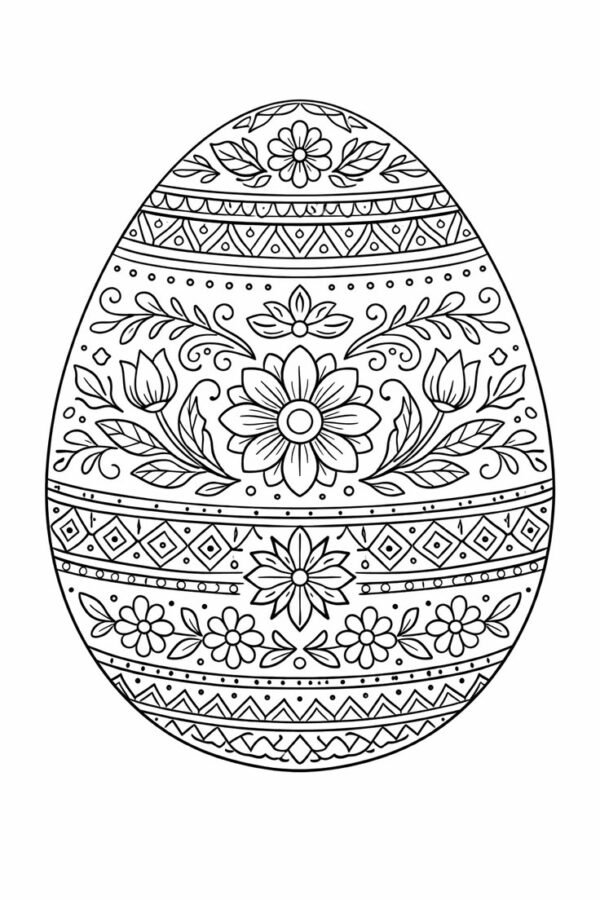 Великодня розмальовка «Квіткова писанка з традиційним орнаментом» скачати та роздрукувати в форматі А4