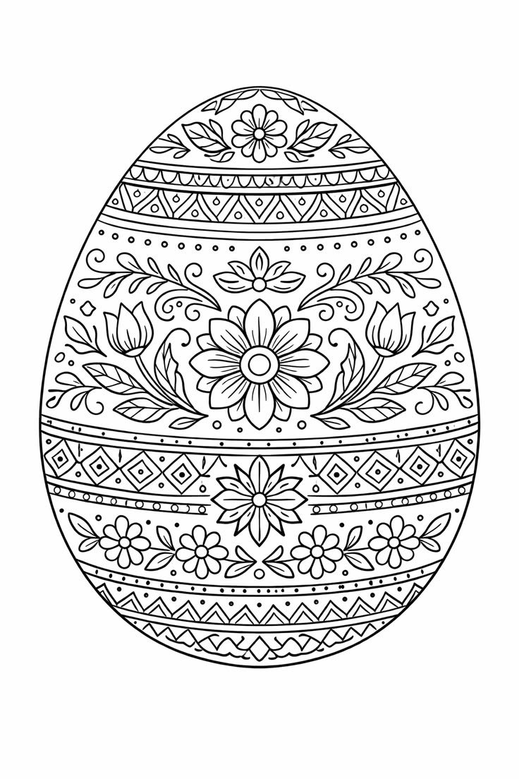 Великодня розмальовка «Квіткова писанка з традиційним орнаментом» скачати та роздрукувати в форматі А4 Великодня розмальовка «Квіткова писанка з традиційним орнаментом» скачати та роздрукувати в форматі А4
