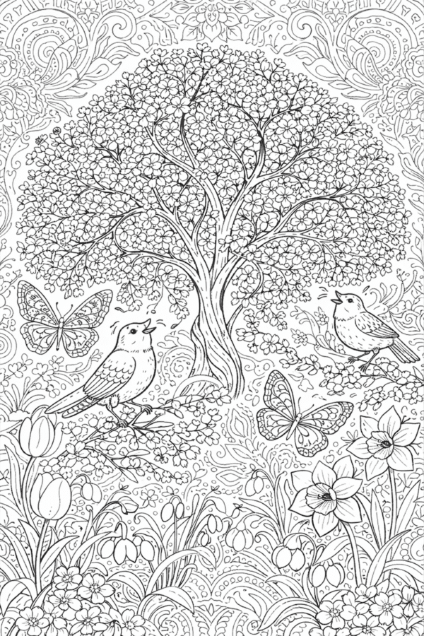 Розмальовка весна з квітучим деревом, птахами та метеликами