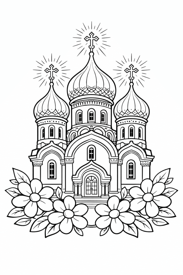 Великодня розмальовка православна церква з куполами та квітами скачати і роздрукувати формат А4
