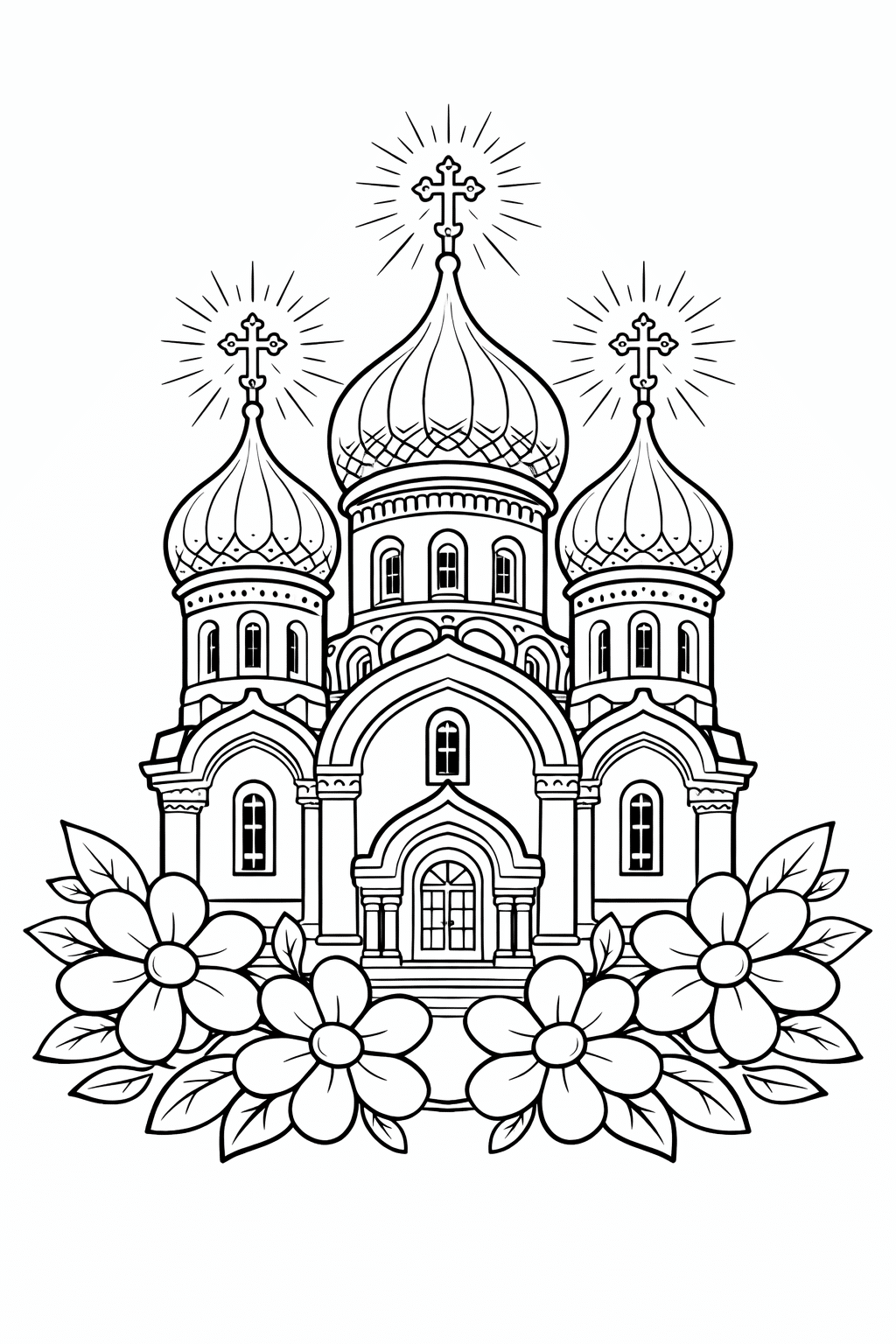 Розмальовка православна церква до Великодня з куполами та квітами для друку А4 Великодня розмальовка православна церква з куполами та квітами скачати і роздрукувати формат А4