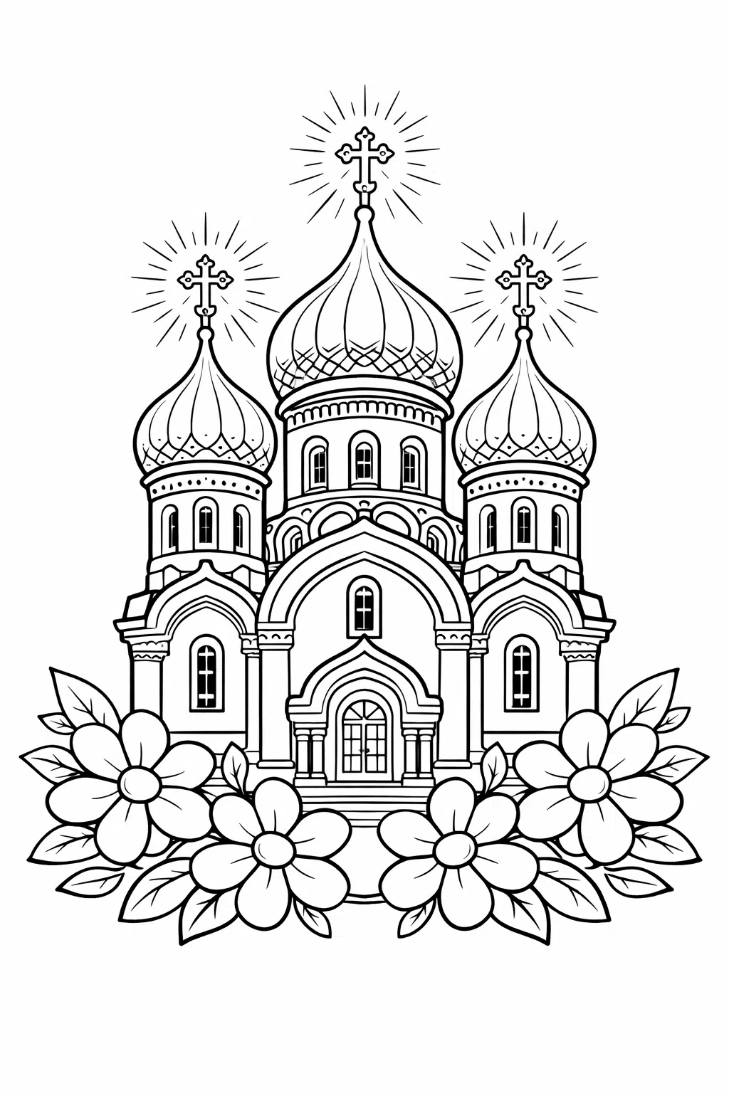 Великодня розмальовка православна церква з куполами та квітами скачати і роздрукувати формат А4