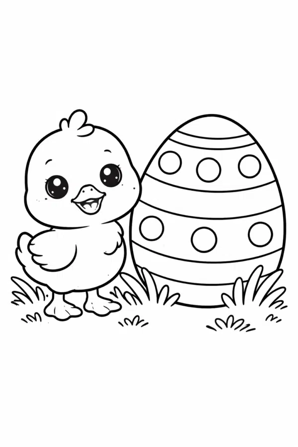 Великодня розмальовка «Миле курчатко поруч з великою писанкою» скачати та роздрукувати в форматі А4