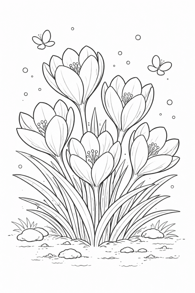 Розмальовка весна з крокусами та метеликами