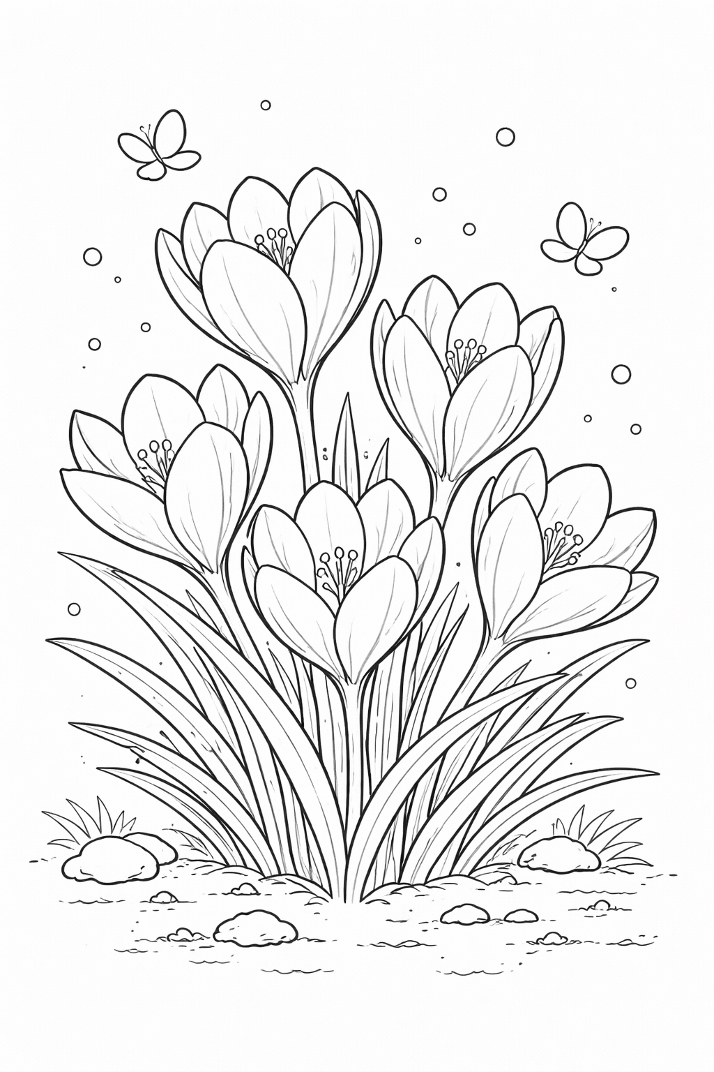 Розмальовка весна — ніжні крокуси Розмальовка весна з крокусами та метеликами