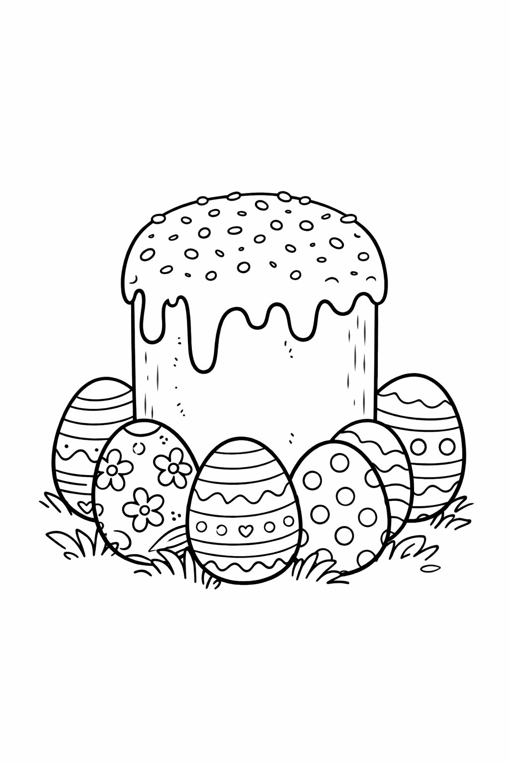 Розмальовка великодня паска з писанками для друку у форматі А4 Великодня розмальовка паска та писанки на траві скачати і роздрукувати формат А4