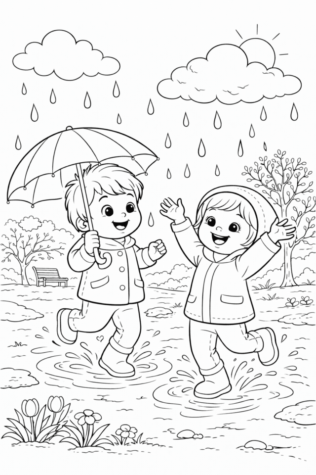 Розмальовка весна з дітьми під дощем і калюжами