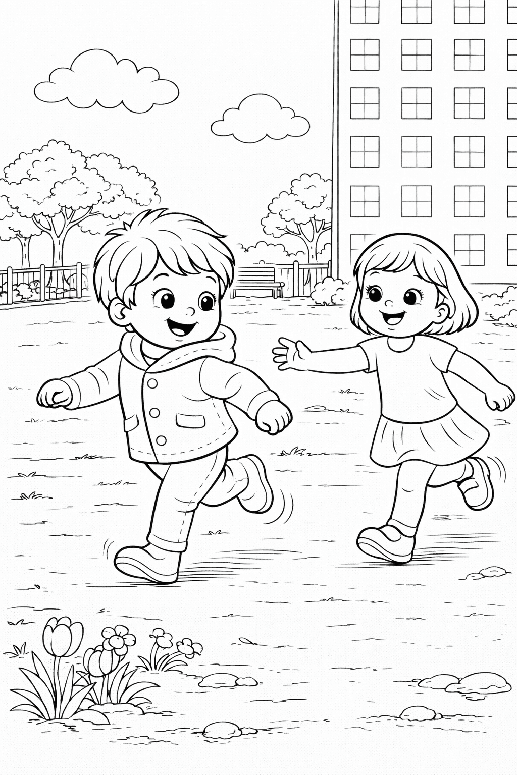 Розмальовка весна з дітьми, які граються в парку