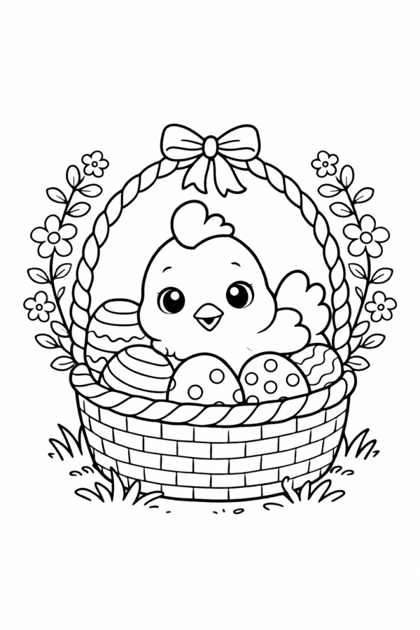 Великодня розмальовка курчатко в кошику з писанками скачати та роздрукувати формат А4