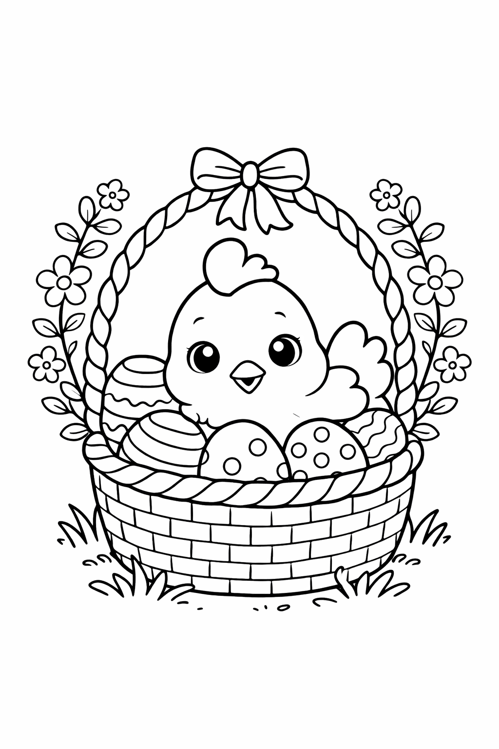 Розмальовка курчатко в кошику з великодніми писанками для друку А4 Великодня розмальовка курчатко в кошику з писанками скачати та роздрукувати формат А4