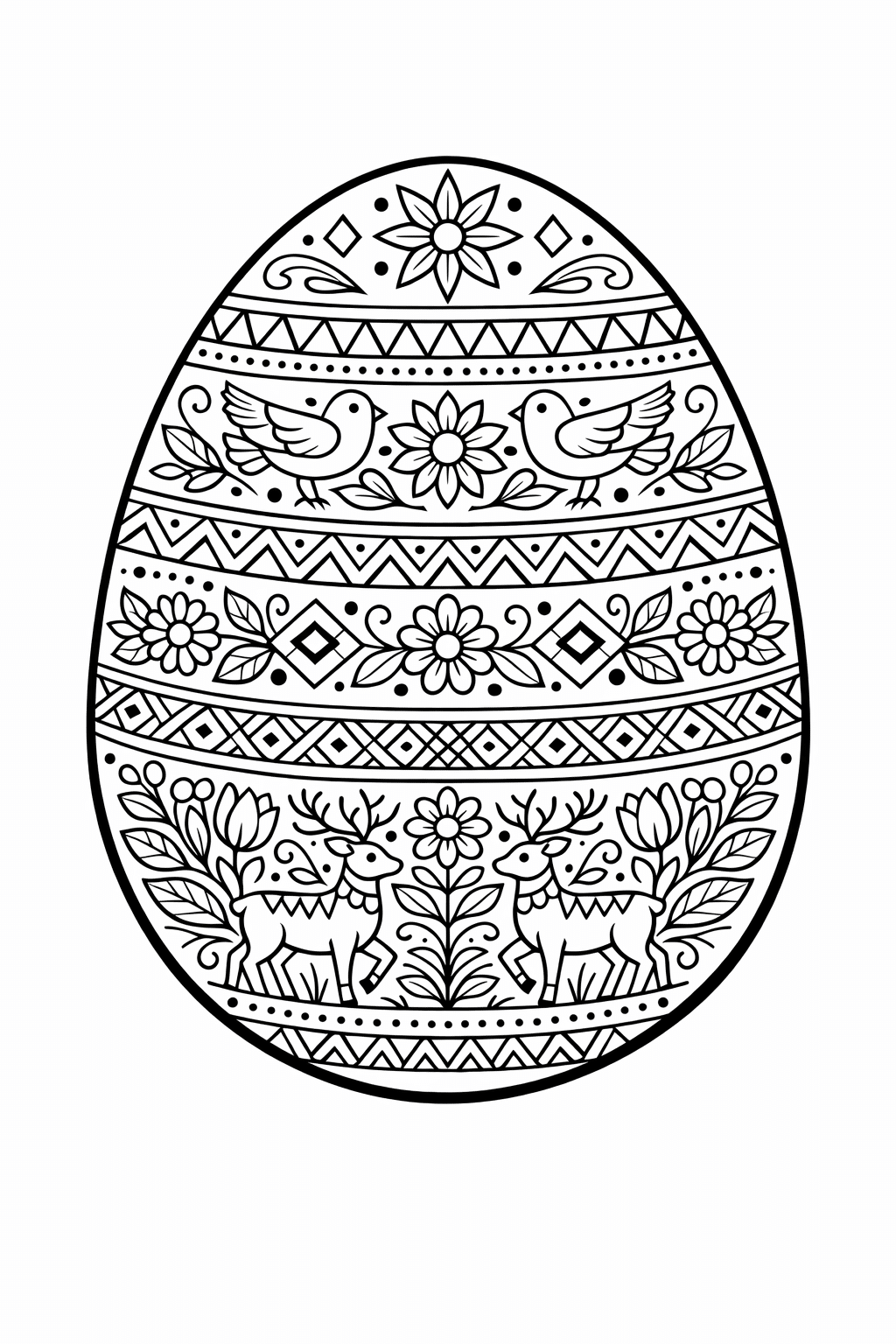 Великодня розмальовка «Народна писанка з пташками, оленями та квітковим орнаментом» скачати та роздрукувати в форматі А4 Великодня розмальовка «Народна писанка з пташками, оленями та квітковим орнаментом» скачати та роздрукувати в форматі А4