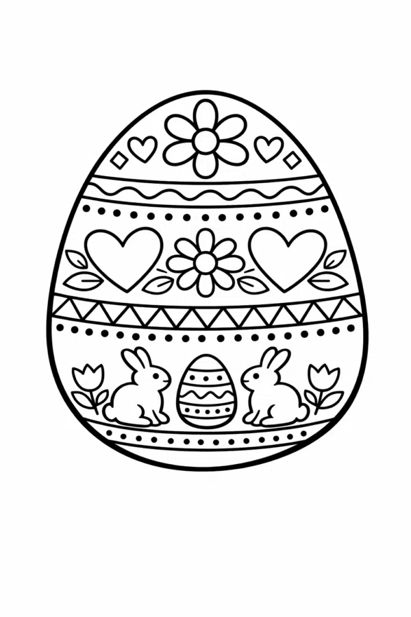 Великодня розмальовка «Писанка з зайчиками, сердечками та квітами» скачати та роздрукувати в форматі А4
