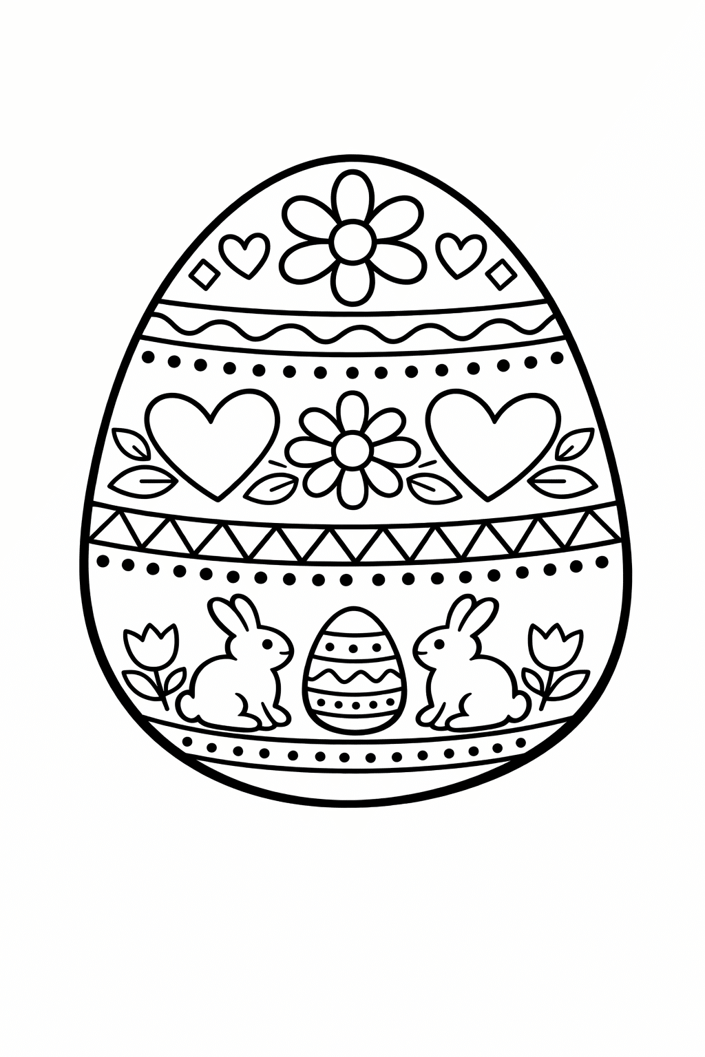Великодня розмальовка «Писанка з зайчиками, сердечками та квітами» скачати та роздрукувати в форматі А4 Великодня розмальовка «Писанка з зайчиками, сердечками та квітами» скачати та роздрукувати в форматі А4