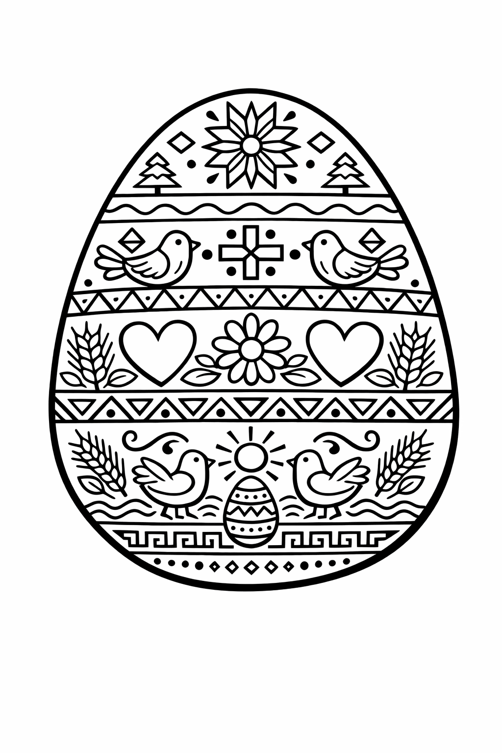 Великодня розмальовка «Писанка з пташками, квітами та традиційним орнаментом» скачати та роздрукувати в форматі А4 Великодня розмальовка «Писанка з пташками, квітами та традиційним орнаментом» скачати та роздрукувати в форматі А4