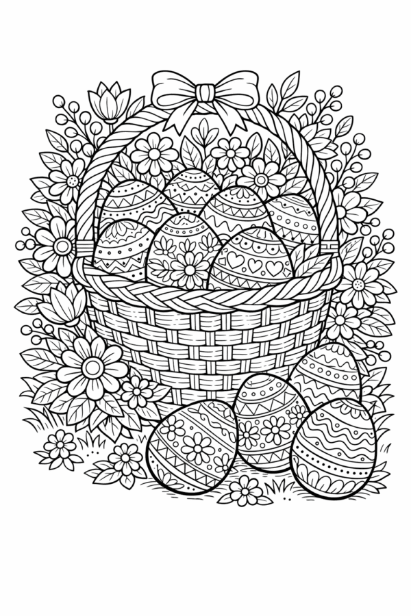 Великодня розмальовка «Кошик з писанками та весняними квітами» скачати та роздрукувати в форматі А4
