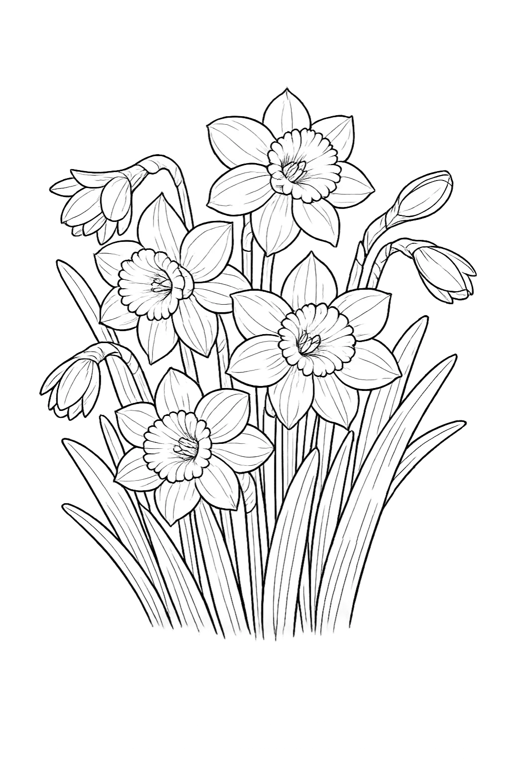 Розмальовка весна — ніжні нарциси Розмальовка весна з квітами нарциси для розфарбовування