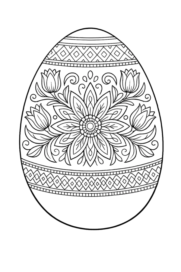 Великодня розмальовка «Квіткова писанка з тюльпанами та народним орнаментом» скачати та роздрукувати в форматі А4