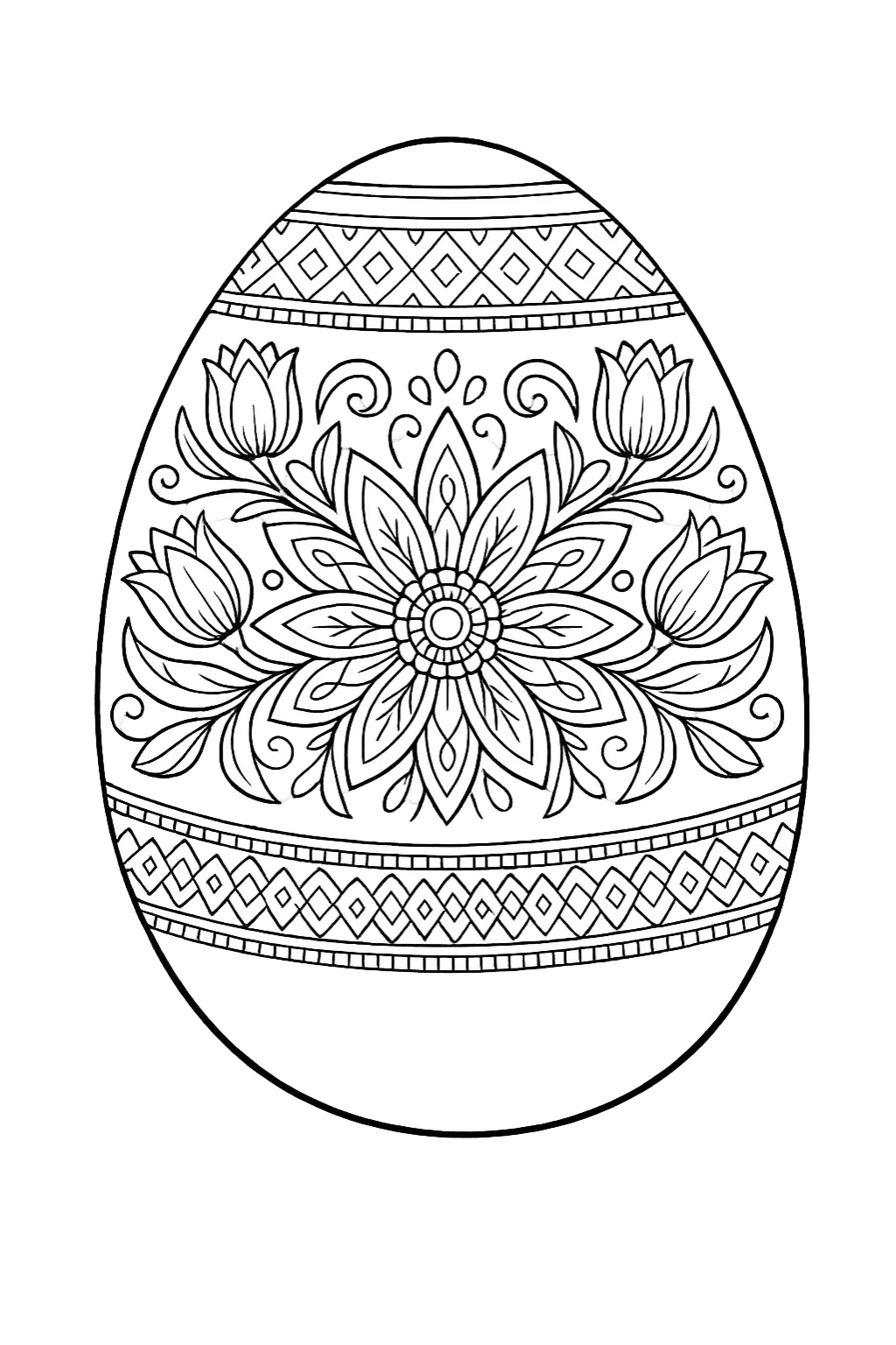 Великодня розмальовка «Квіткова писанка з тюльпанами та народним орнаментом» скачати та роздрукувати в форматі А4 Великодня розмальовка «Квіткова писанка з тюльпанами та народним орнаментом» скачати та роздрукувати в форматі А4
