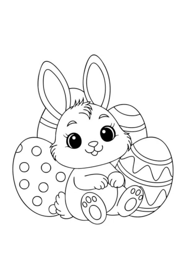 Великодня розмальовка «Милий зайчик з писанками» скачати та роздрукувати в форматі А4
