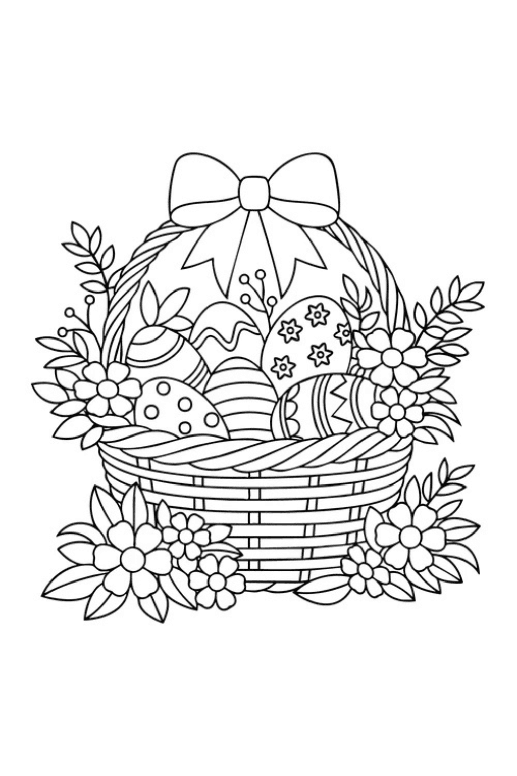 Великодня розмальовка «Святковий кошик з писанками та весняними квітами» скачати та роздрукувати в форматі А4 Великодня розмальовка «Святковий кошик з писанками та весняними квітами» скачати та роздрукувати в форматі А4