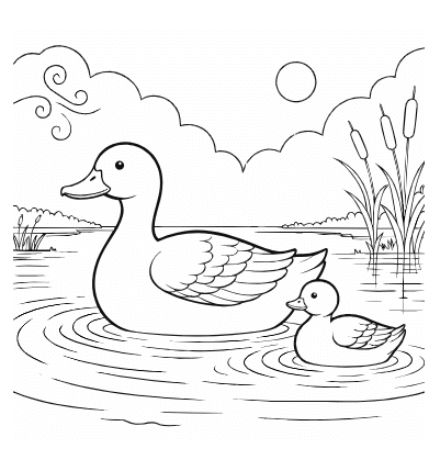 весняна розмальовка каченята онлайн на озері з качкою та очеретом