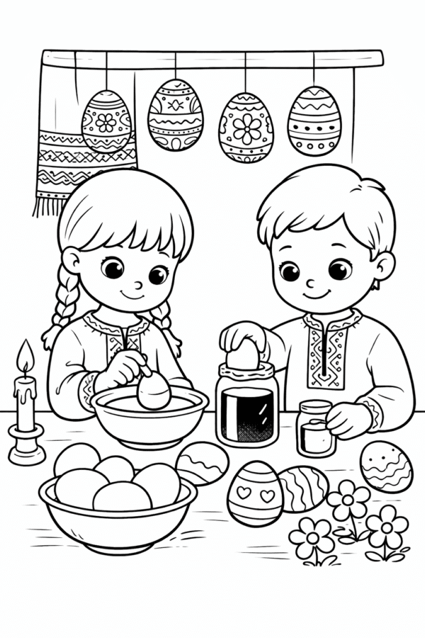 Великодня розмальовка «Діти розписують писанки за святковим столом» скачати та роздрукувати в форматі А4