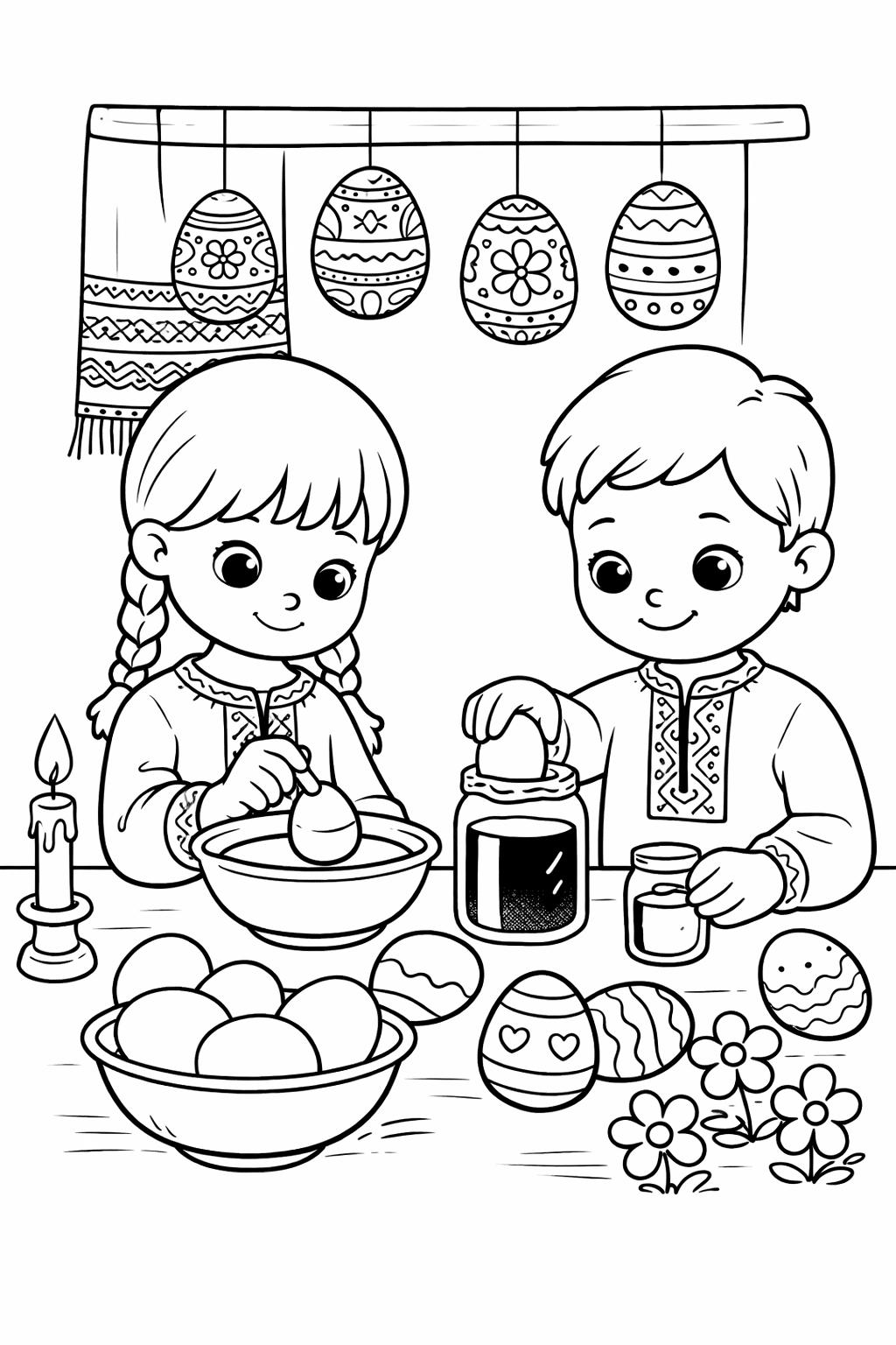 Великодня розмальовка «Діти розписують писанки за святковим столом» скачати та роздрукувати в форматі А4 Великодня розмальовка «Діти розписують писанки за святковим столом» скачати та роздрукувати в форматі А4