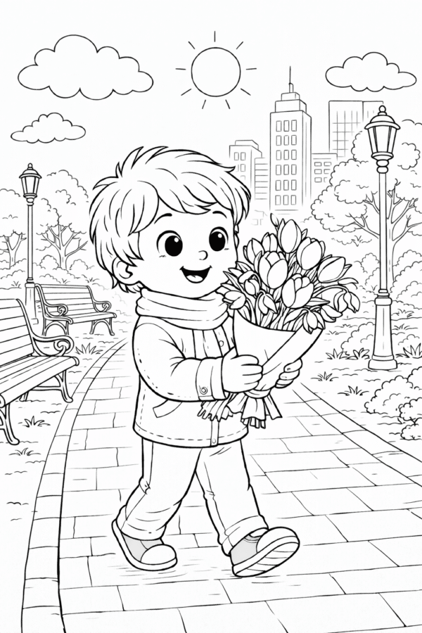 Весняна розмальовка з хлопчиком і букетом тюльпанів у парку